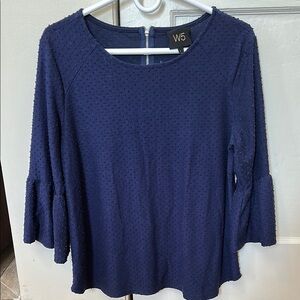 W5 Women's Blue Textured Top Bell Sleeve Work Shirt Long Sleeve Zipper